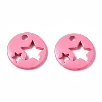 Spray Painted Brass Charms, Flat Round with Star, Hot Pink, 14.5x14.5x2.5mm, Hole: 2mm