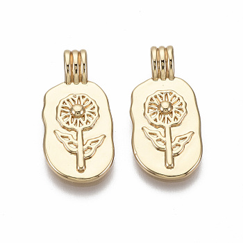 Brass Pendants, Oval with Flower, Nickel Free, Real 18K Gold Plated, 21x10x4.5mm, Hole: 2mm