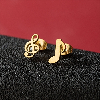 Stainless Steel Stud Earrings, Musical Note Asymmetrical Earrings, Golden, 11x4mm