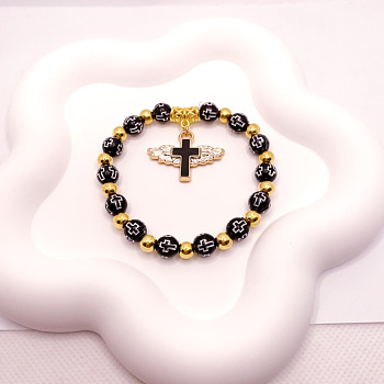 Acrylic Round with Cross Beaded Stretch Bracelets with Cross Charms, Black, 6-3/4 inch(17cm)