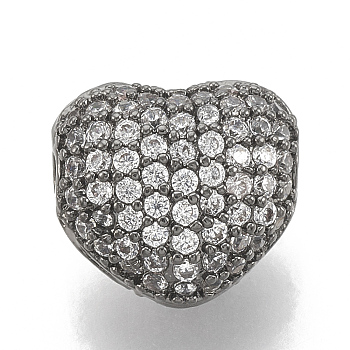 Brass Micro Pave Cubic Zirconia Beads, Heart, Clear, Gunmetal, 9x8x6mm, Hole: 1.2mm