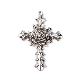 Alloy Pendants, Cadmium Free & Lead Free, Cross with Rose Charm, Antique Silver, 55x39.5x6.5mm, Hole: 3mm