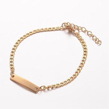 304 Stainless Steel ID Bracelets, Rectangle, with Curb Chains and Lobster Clasps, Golden, 7-1/4 inch(185mm), 3mm