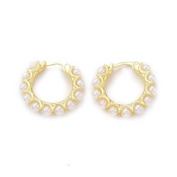 Plastic Imitation Pearl Beaded Hoop Earrings, Rack Plating Brass Jewelry for Women, Cadmium Free & Lead Free, Real 18K Gold Plated, 24x25.5x4mm, Pin: 1mm