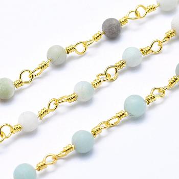 Frosted Natural Amazonite Handmade Beaded Chains, Unwelded, Lead Free & Cadmium Free, with Spool, with Brass Eye Pin, Long-Lasting Plated, Round, Golden, 14x4mm, about 32.8 Feet(10m)/roll