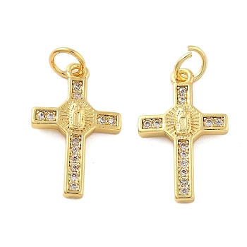 Brass Micro Pave Cubic Zirconia Pendants, Cross, Lead Free & Cadmium Free, Long-Lasting Plated, Rack Plating, with Jump Ring, Real 18K Gold Plated, 19x11.5x2.5mm, Hole: 3mm