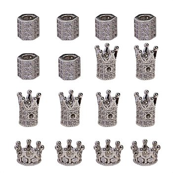 Brass Micro Pave Clear Cubic Zirconia Beads, Miexd Shapes, Platinum, 16pcs/box