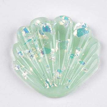 Resin Cabochons, with Shell Chip, Scallop, Light Green, 39x40x9mm