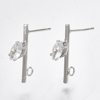 Brass Cubic Zirconia Stud Earring Findings, with Loop, Clear, Real Platinum Plated, 20x6mm, Hole: 2mm, Pin: 0.7mm