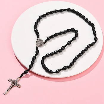 Oval Wood Rosary Bead Necklaces, Alloy Saint Benedict Medal Jesus Cross Pendant Necklaces, Red Copper, Black, 24.41 inch(62cm)