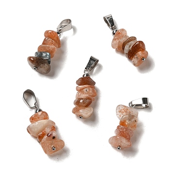 Natural Sunstone Chip Pendants, Lucky Charms with Stainless Steel Color Plated Stainless Steel Snap on Bails, 24~27x11~14x7~10mm, Hole: 7x4mm