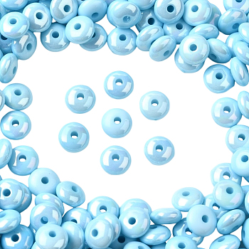500Pcs UV Plating Opaque Acrylic Beads, Iridescent, Flat Round, Light Sky Blue, 8x4mm, Hole: 1.8mm