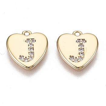 Brass Micro Pave Clear Cubic Zirconia Charms, Nickel Free, Real 18K Gold Plated, Flat Heart, Letter.J, 10x10x1mm, Hole: 1mm