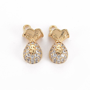 Brass Micro Pave Clear Cubic Zirconia Charms, Nickel Free, Purse, Real 18K Gold Plated, 14.5x7x4mm, Hole: 1.4mm