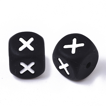 Food Grade Eco-Friendly Silicone Beads, Horizontal Hole, Chewing Beads For Teethers, DIY Nursing Necklaces Making, Cube, Black, Letter.X, 12x12x12mm, Hole: 2mm