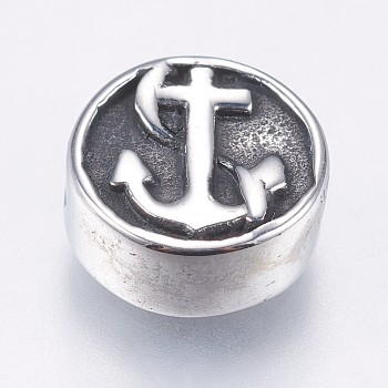 304 Stainless Steel Beads, Flat Round, with Helm and Anchor, Antique Silver, 10.5x4.5mm, Hole: 1.5mm