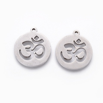 201 Stainless Steel Pendants, Manual Polishing, Flat Round with Aum/Om Symbol, Stainless Steel Color, 18x16x1.5mm, Hole: 1.2mm
