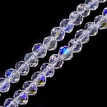 Electroplate Transparent Glass Beads Strands, Half Rainbow Plated, Faceted, Rondelle, Clear, 6x5mm, Hole: 1mm, about 85~88pcs/strand, 16.1~16.5 inch(41~42cm)