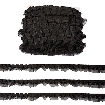 Satin Chiffon Double Ruffled Lace Trim, Garment Accessories, Black, 1-5/8 inch(40mm), about 32.81 Yards(30m)/Card