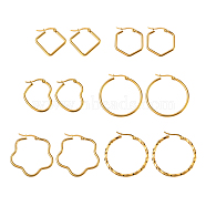 6 Pairs 6 Style Ring & Heart & Flower & Rhombus & Hexagon 201 Stainless Steel Hoop Earrings, 304 Stainless Steel Jewelry for Women, Golden, 24~34.5x1.5~2.5mm, Pin: 1~0.7mm, 1 Pair/style(EJEW-FS0001-06)