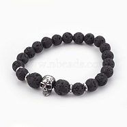Natural Lava Rock Beads Stretch Bracelets, with 304 Stainless Steel Finding, Skull, 2 inch(5.2cm)(BJEW-JB03959-02)