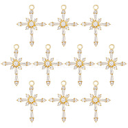 10Pcs Brass Clear Cubic Zirconia Pendants, Religion Cross Charm, Real 18K Gold Plated, 25x18x3mm, Hole: 1.6mm(FIND-BC0004-29)