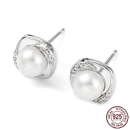 Cubic Zirconia Sauqre with Natural Pearl Stud Earrings, Rhodium Plated 925 Sterling Silver Earrings for Women, Platinum, 9x9mm(EJEW-F318-12P)
