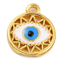 Golden Brass Enamel Pendants, Long-Lasting Plated, Flat Round with Evil Eye, White, 12x9.5x1.5mm, Hole: 1.2mm(KK-P197-13B-G)