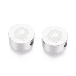 304 Stainless Steel Beads, Flat Round with Letter, Letter.Q, 10x4.5mm, Hole: 2mm(X-STAS-I126-02P-Q)