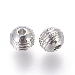 304 Stainless Steel Beads, Grooved Round, Stainless Steel Color, 8x7mm, Hole: 2mm(STAS-E451-37P)
