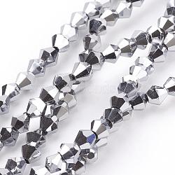 Electroplate Glass Beads Strands, Faceted, Bicone, Silver Plated, 4x4mm, Hole: 1mm, about 92~96pcs/strand, 13.78~14.37 inch(EGLA-S057-4)