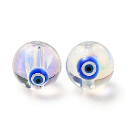 Transparent Glass Beads, with Enamel, Round with Evil Eye Pattern, Blue, 10~10.5x9mm, Hole: 1.6mm(GLAA-F121-13B)