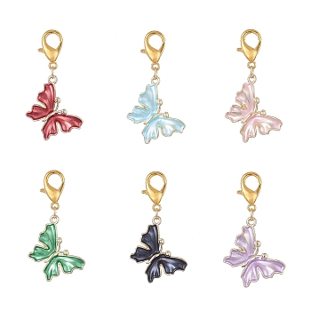 6Pcs 6 Colors Butterfly Alloy Enamel Pendant Decoration, with Zinc Alloy Lobster Claw Clasps, Mixed Color, 43mm, 1pc/color