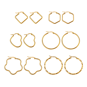 6 Pairs 6 Style Ring & Heart & Flower & Rhombus & Hexagon 201 Stainless Steel Hoop Earrings, 304 Stainless Steel Jewelry for Women, Golden, 24~34.5x1.5~2.5mm, Pin: 1~0.7mm, 1 Pair/style