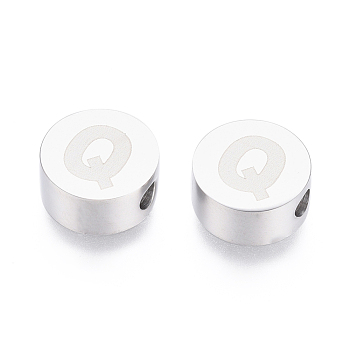 304 Stainless Steel Beads, Flat Round with Letter, Letter.Q, 10x4.5mm, Hole: 2mm