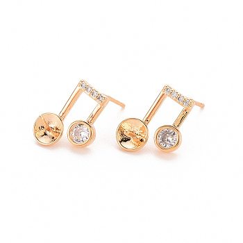 Brass Micro Pave Clear Cubic Zirconia Earring Findings, for Half Drilled Beads, Nickel Free, Musical Note, Real 18K Gold Plated, 13.5x11mm, Pin: 0.8mm, Pin: 0.8mm(for Half Drilled Beads)