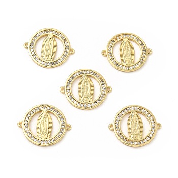 Brass Micro Pave Clear Cubic Zirconia Connector Charms, Flat Round Links with Virgin Pattern, Religion, Real 18K Gold Plated, 24x20x2mm, Hole: 1mm