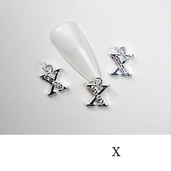 Alloy Rhinestone Cabochons, Nail Art Decoration Accessories, with Jump Ring, Letter, Platinum, Letter.X, 11~14x5~12mm