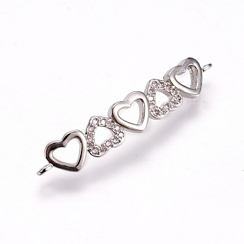 Brass Micro Pave Cubic Zirconia Links, Heart, Clear, Platinum, 33x6x1.5mm, Hole: 1.2mm