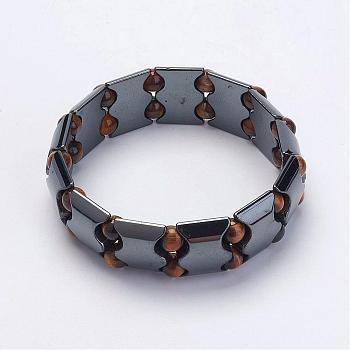 Non-Magnetic Synthetic Hematite Stretch Bracelets, with Tiger Eye Beads, Grade A, 2-1/4 inch(56mm)