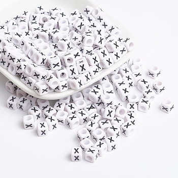 Acrylic Horizontal Hole Letter Beads, Cube with Letter X, White, Size: about 6mm wide, 6mm long, 6mm high, hole: 3.2mm, about 300pcs/50g