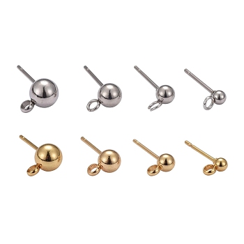 24 Pairs 4 Size 2 Colors 304 Stainless Steel Ball Post Stud Earring Findings, with Loop, Golden & Stainless Steel Color, Ball: 3mm/4mm/5mm/6mm