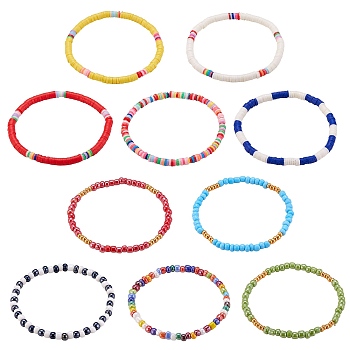 10Pcs 10 Style Handmade Polymer Clay Heishi Surfer Stretch Bracelets Set, Glass Seed Beads Preppy Bracelets for Women, Mixed Color, Inner Diameter: 2 inch(5.2cm), 1Pc/style