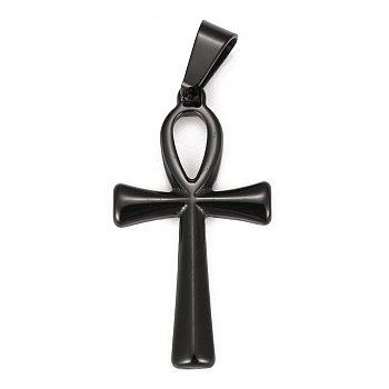 304 Stainless Steel Pendants, for Jewelry Making, Ankh Cross, Electrophoresis Black, 30x16x2mm, Hole: 4.5x7mm