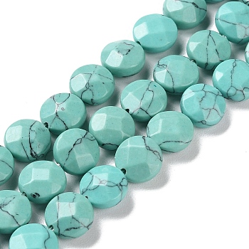 Synthetic Turquoise Beads Strands, Faceted, Flat Round, 10~10.5x4.5~5.5mm, Hole: 1.2mm, about 20pcs/strand, 7.80 inch(19.8cm)
