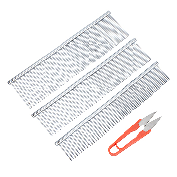4Pcs 4 Style Stainless Steel Pet Combs, with High-carbon Steel Scissors, Mixed Color, 99~190x26~52x6~9mm, 1pc/style