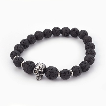 Natural Lava Rock Beads Stretch Bracelets, with 304 Stainless Steel Finding, Skull, 2 inch(5.2cm)