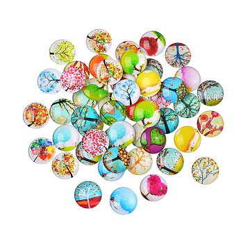 Tree of Life Printed Half Round/Dome Glass Cabochons, Mixed Color, 20x6mm, 50pcs/box