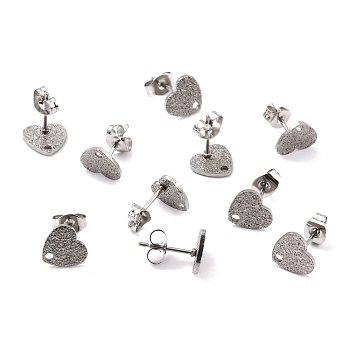 304 Stainless Steel Stud Earring Findings, with Ear Nuts, Textured Heart, Stainless Steel Color, 12x9mm, Hole: 1.4mm, Pin: 0.7mm