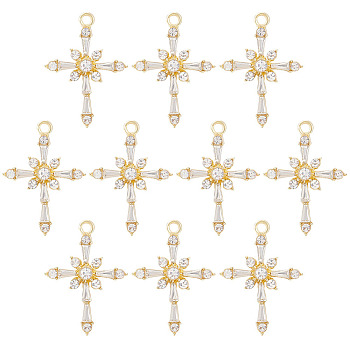 10Pcs Brass Clear Cubic Zirconia Pendants, Religion Cross Charm, Real 18K Gold Plated, 25x18x3mm, Hole: 1.6mm